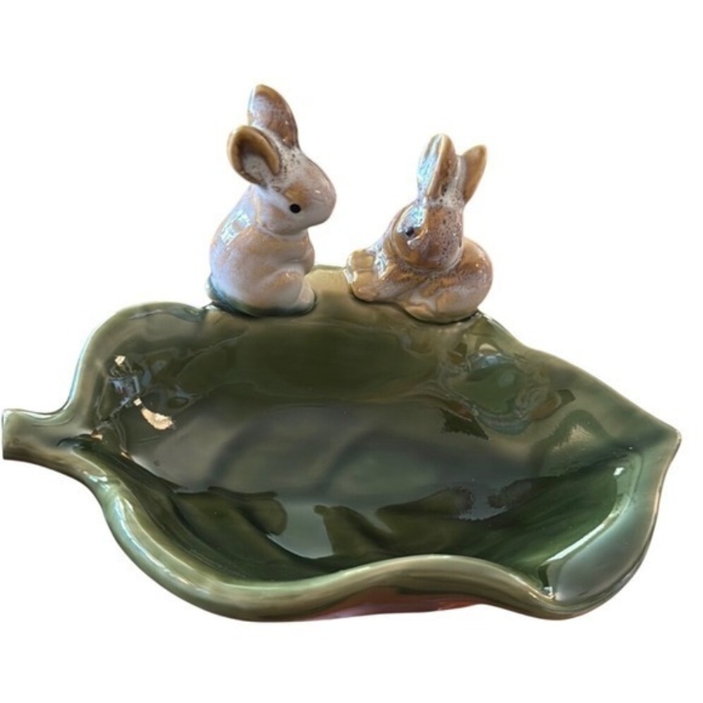 Bunny Rabbit Ceramic Leaf Dish with Two Bunnies Decor Accent New